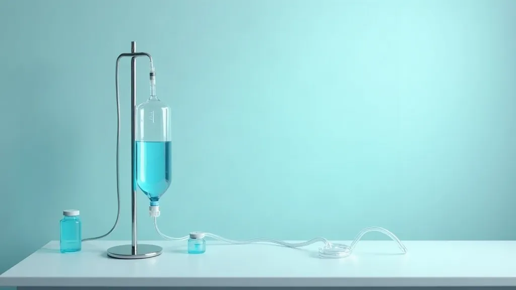 A cool clinical still life: a half-full intravenous fluid bag hanging beside a closed surgical drain reservoir with a coiled tube, resting on a pale counter.