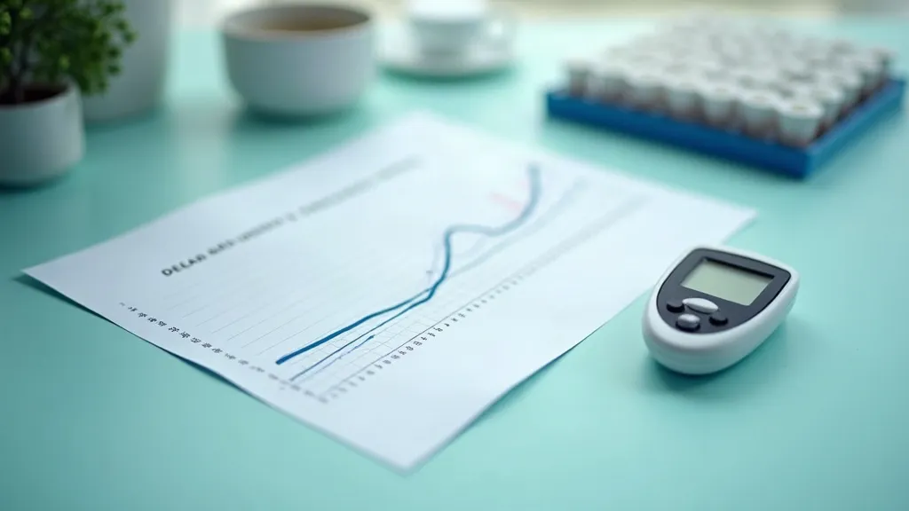 A calm clinical desk still life with a printed follow-up chart blurred to illegibility, a handheld glucose meter and empty sample tubes, evoking a decade-long diabetes outcome study.