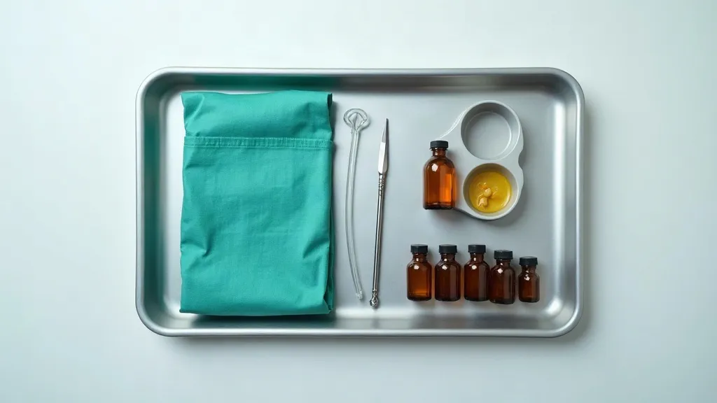 An overhead flat-lay of two side-by-side clinical trays on a pale counter: one holds a folded surgical drape, a slim instrument and coiled tubing, the other a row of unlabelled supplement bottles and a small divided portion plate.