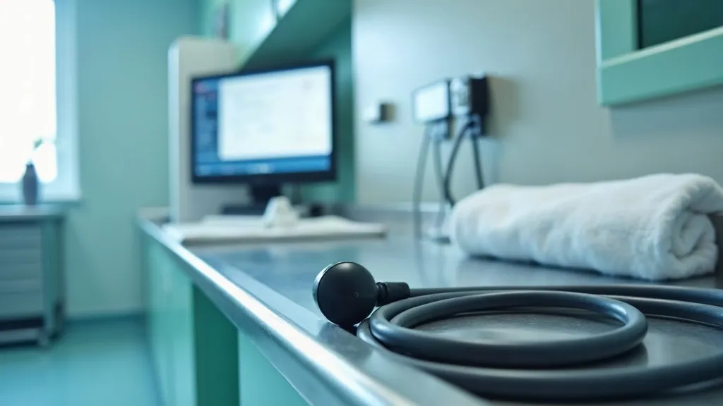 A wide view of a clinical endoscopy suite at rest: a slim flexible endoscope coiled on a draped stainless-steel tray in the foreground, an unlabelled monitor glowing softly out of focus behind it, cool teal-and-white light.