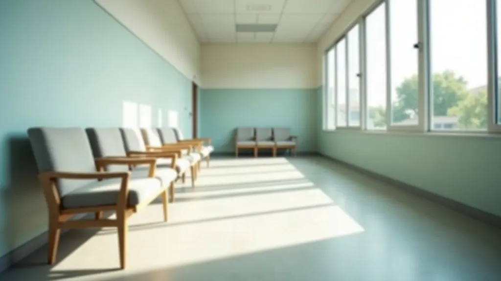 A quiet outpatient clinic room at the end of the day: a row of low upholstered waiting chairs recedes along a pale wall toward a large window, late afternoon sunlight striping the floor with long soft shadows.