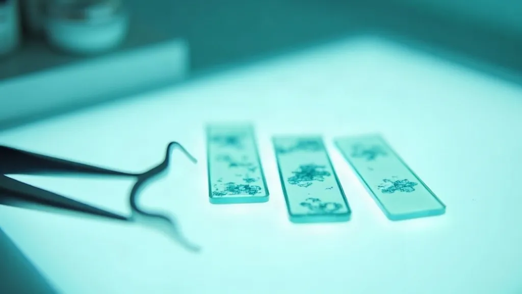 A macro still life on a pale pathology bench: three glass histology slides holding unlabelled tissue sections rest in a slightly staggered row on a softly glowing white light box, with a slim stainless-steel slide rack and fine forceps laid to one side.
