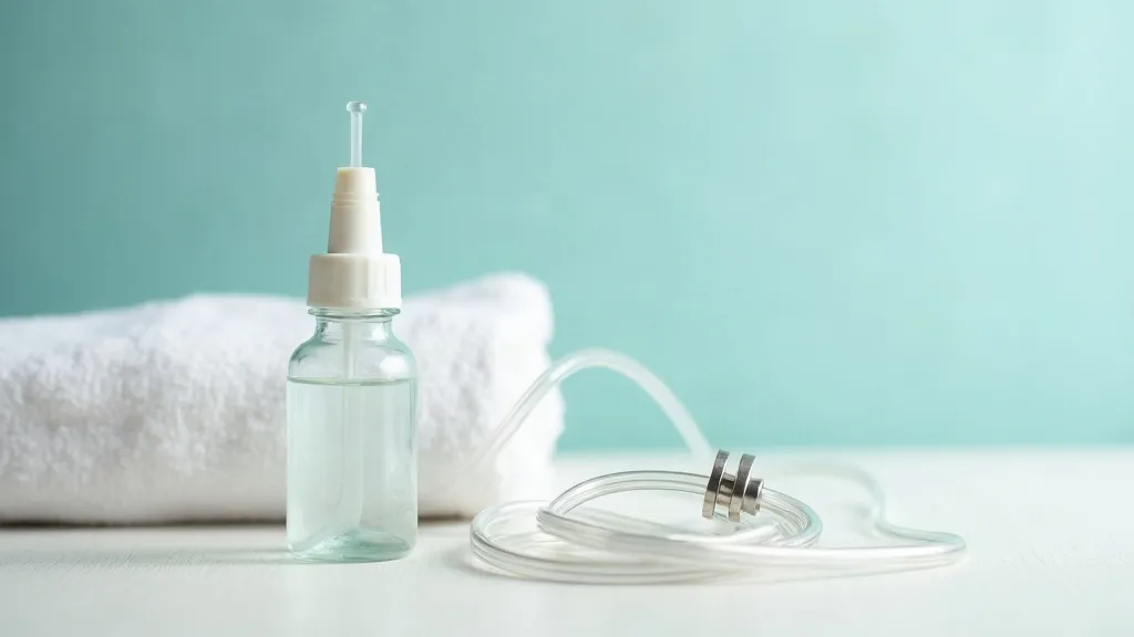 A macro still life on a pale linen surface: a clear enteral feeding formula bottle beside a loosely coiled thin feeding tube and a small stainless-steel clamp, lit by soft directional daylight.