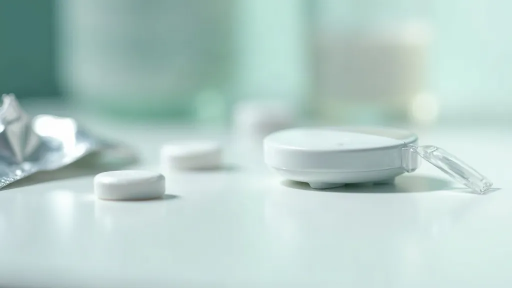 A macro still life on a pale clinical surface: a small round white continuous glucose monitor sensor with its thin applicator lying beside a few loose chewable glucose tablets and a crumpled foil wrapper, lit by soft raking daylight.