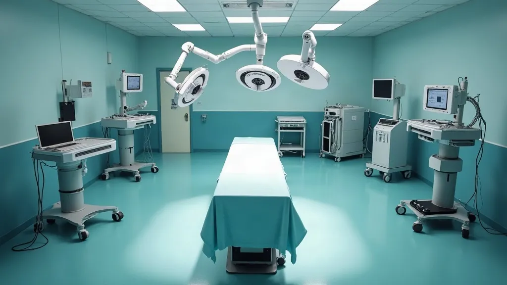 A wide overhead view of an empty operating theatre: four pale sterile-draped robotic instrument arms converge toward the head of a draped table, cool teal lighting, no people.