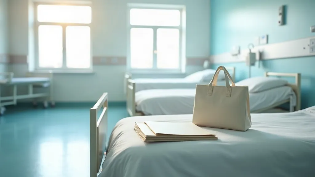 A wide view of a day-surgery recovery bay: a row of freshly made empty hospital beds along a pale wall, with a folded paper folder and a small overnight bag resting on the nearest bed, lit by bright morning light.
