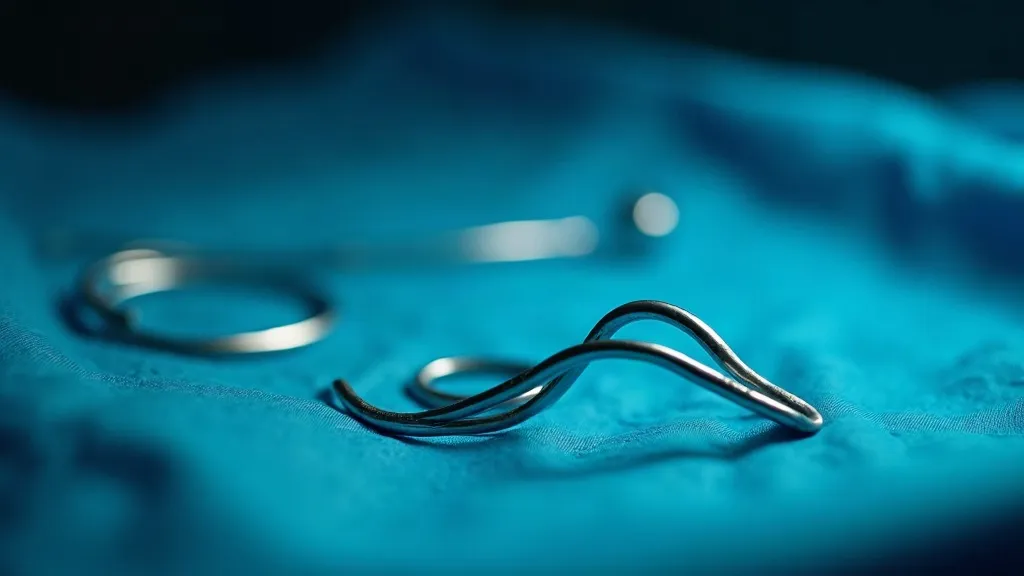 A macro still life on a dark blue sterile drape: a wide-bore dumbbell-shaped metal stent lying on its side beside a coiled thin guidewire, cool teal sidelight and shallow depth of field.