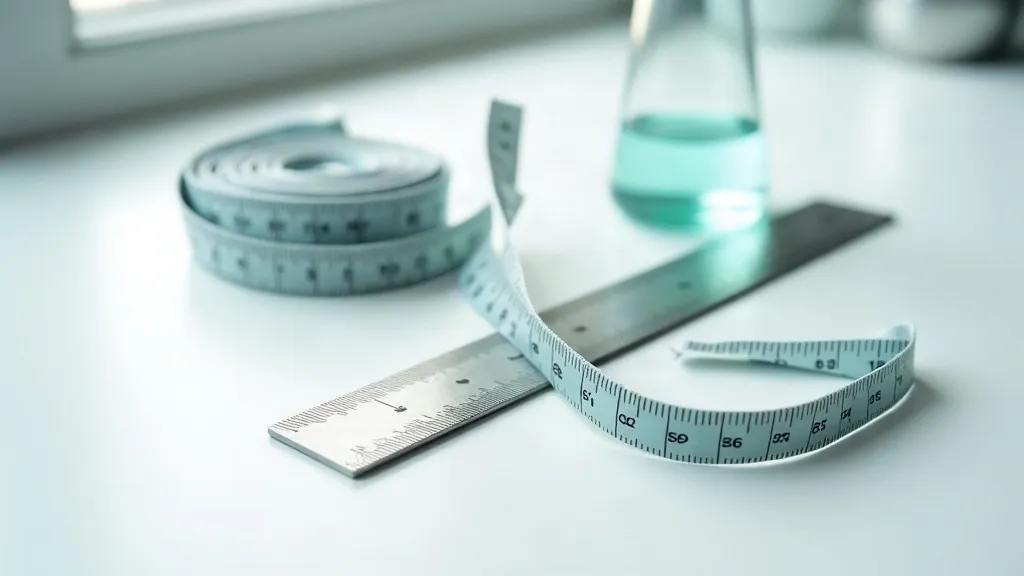 A macro still life on a white clinical surface: a coiled tailor's measuring tape and a rigid steel ruler laid side by side, their scales too blurred to read.