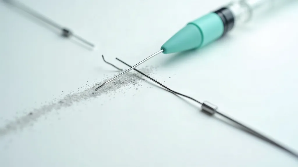 A conceptual still life on a white clinical surface: a soft grey funnel of powder splitting into two diverging paths, a slim capped pen resting at the tip of one branch and a small stainless surgical instrument on the other.