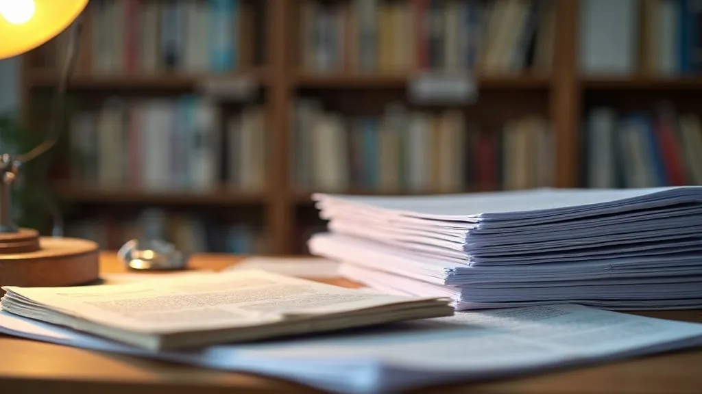 Stack of archived paper documents on a library desk in front of bookshelves
