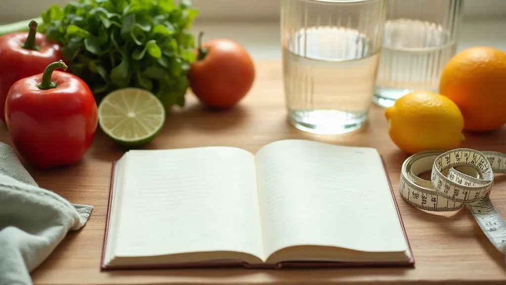 Notebook, measuring tape, glasses of water and fresh fruit on a table — tools for tracking weight and BMI