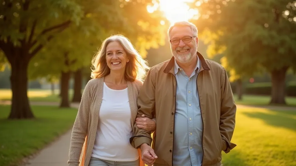 Smiling middle-aged couple walking arm in arm through a sunny park — an active life after weight-loss surgery